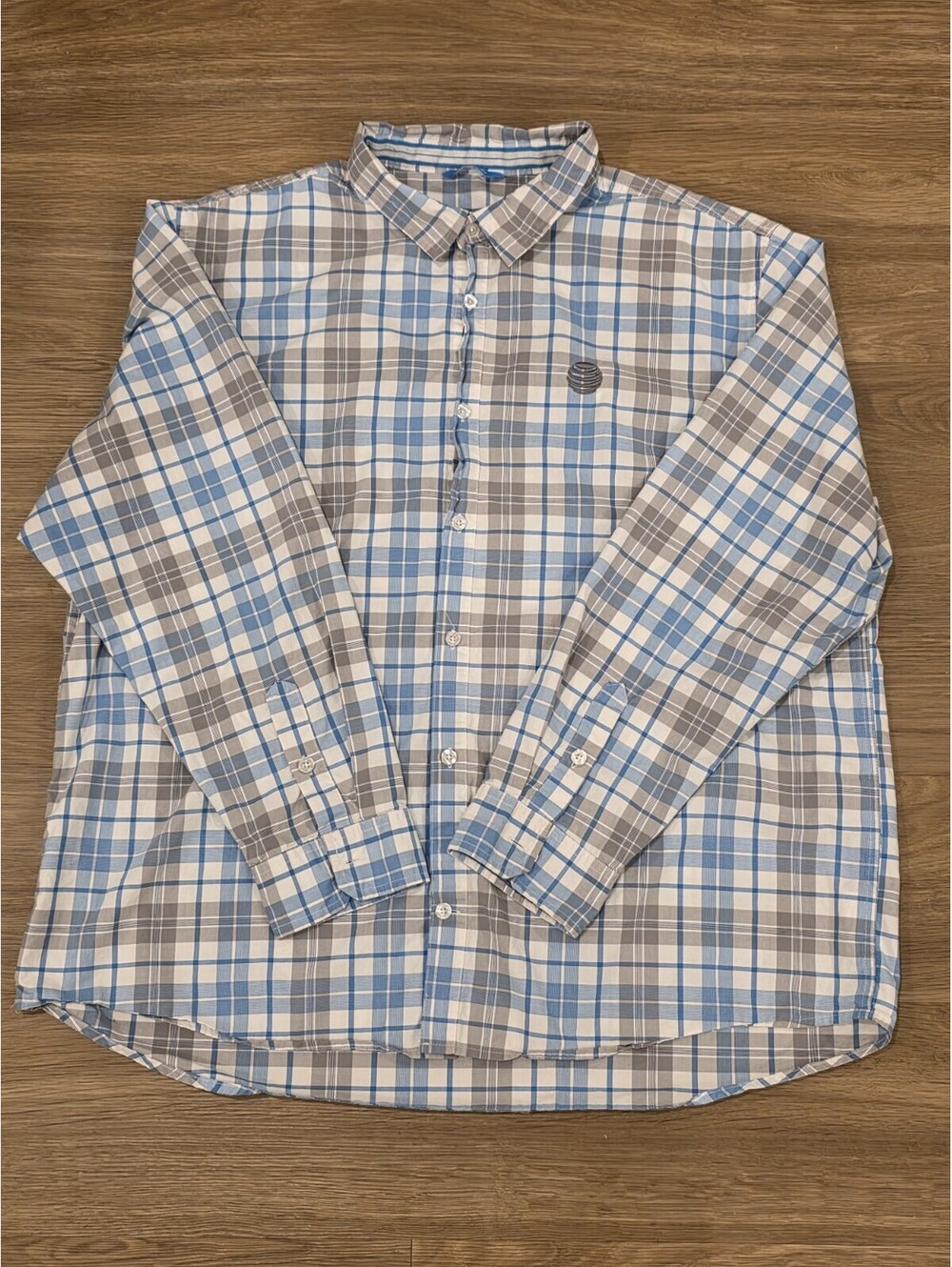 AT&T Mens 2XL Blue Plaid Corporate Globe Logo Button Down Shirt 2XL